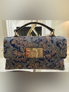 Furla 1927 Mini Bag M in Blue Floral Jacquard with Gold Hardware